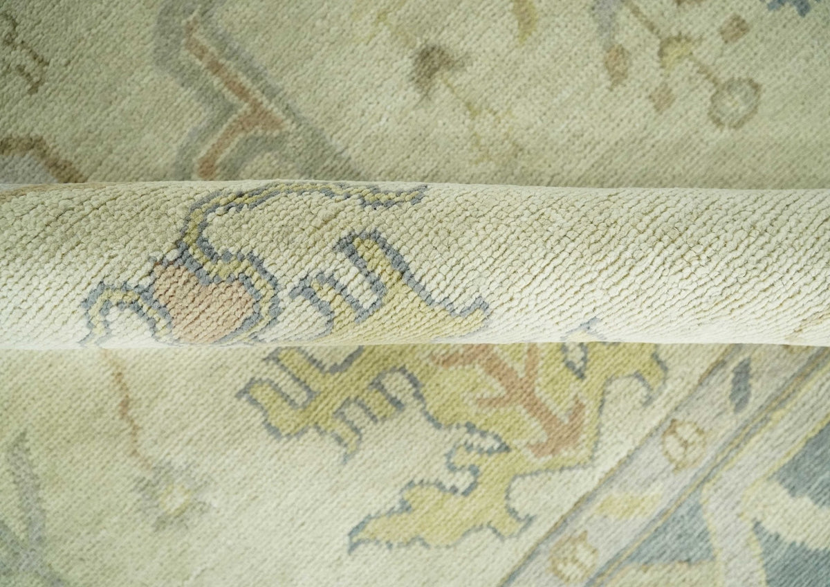 Beige and Gray Hand Knotted Traditional Persian Oushak Wool Rug.