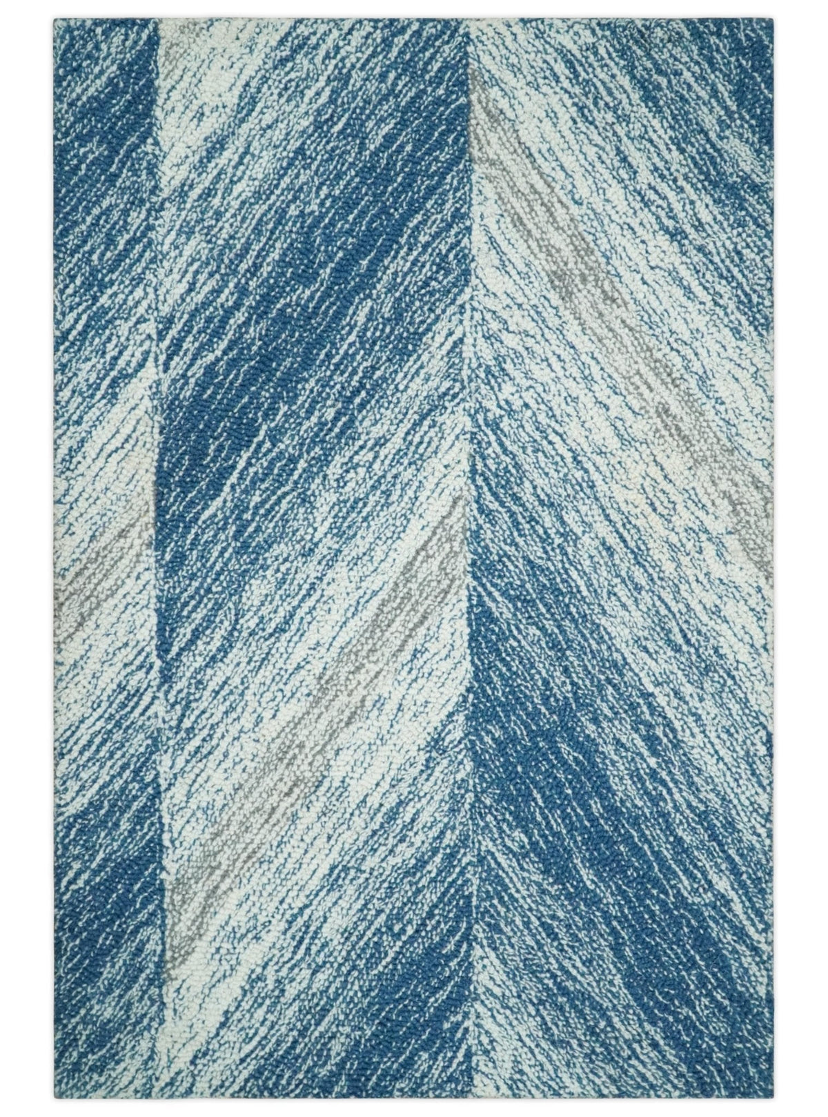 Ivory And Blue Modern Abstract Hand Woven Wool Area Rug.