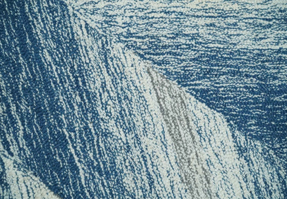 Ivory And Blue Modern Abstract Hand Woven Wool Area Rug.