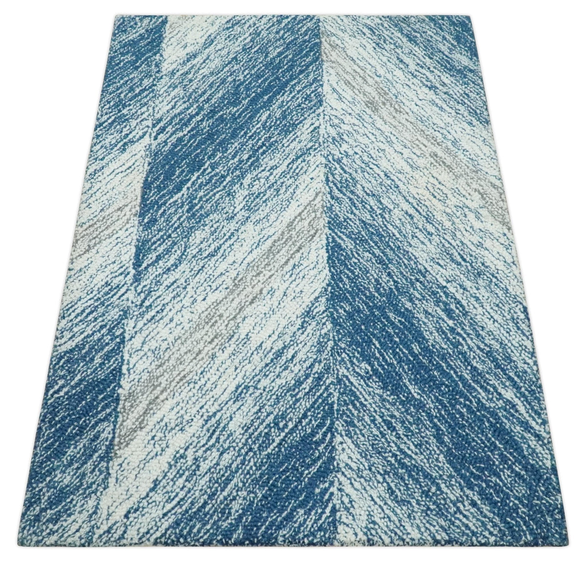 Ivory And Blue Modern Abstract Hand Woven Wool Area Rug.