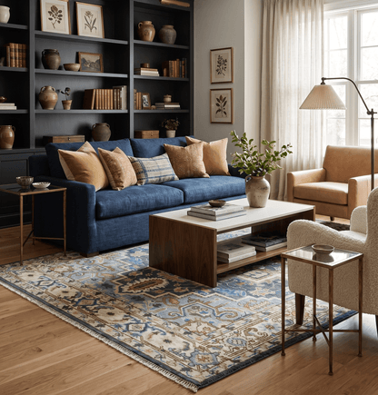 Ivory, Blue, Rust and Beige Hand knotted Traditional Heriz wool Area Rug.