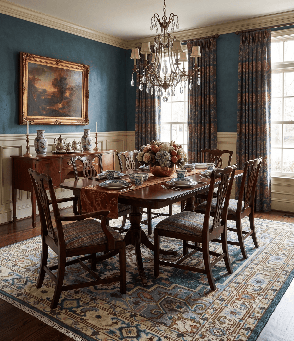 Ivory, Blue, Rust and Beige Hand knotted Traditional Heriz wool Area Rug.