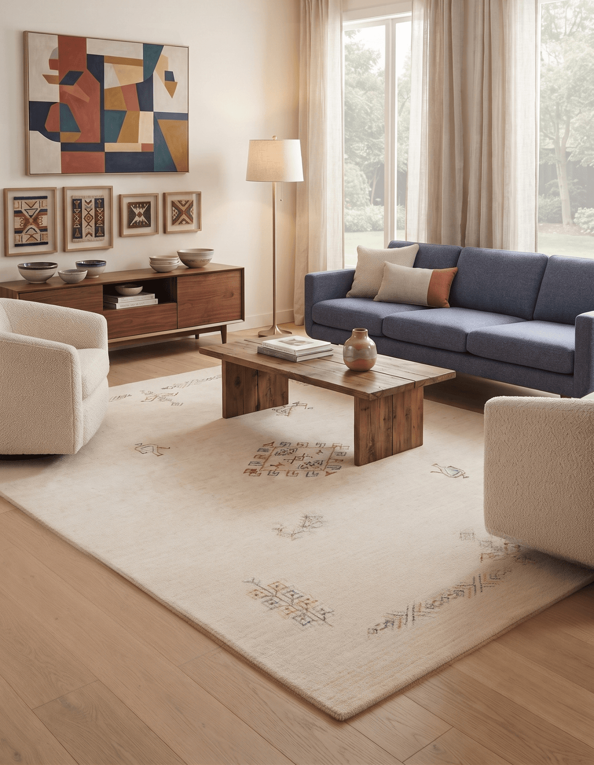 Ivory Border Patterns Hand Loomed Wool Area Rug.
