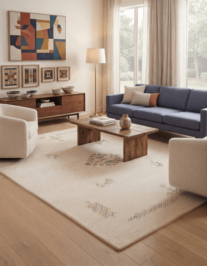 Ivory Border Patterns Hand Loomed Wool Area Rug.