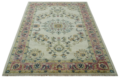 Ivory, Brown, Olive and Charcoal Traditional Heriz Medallion Custom Made Wool Area Rug.