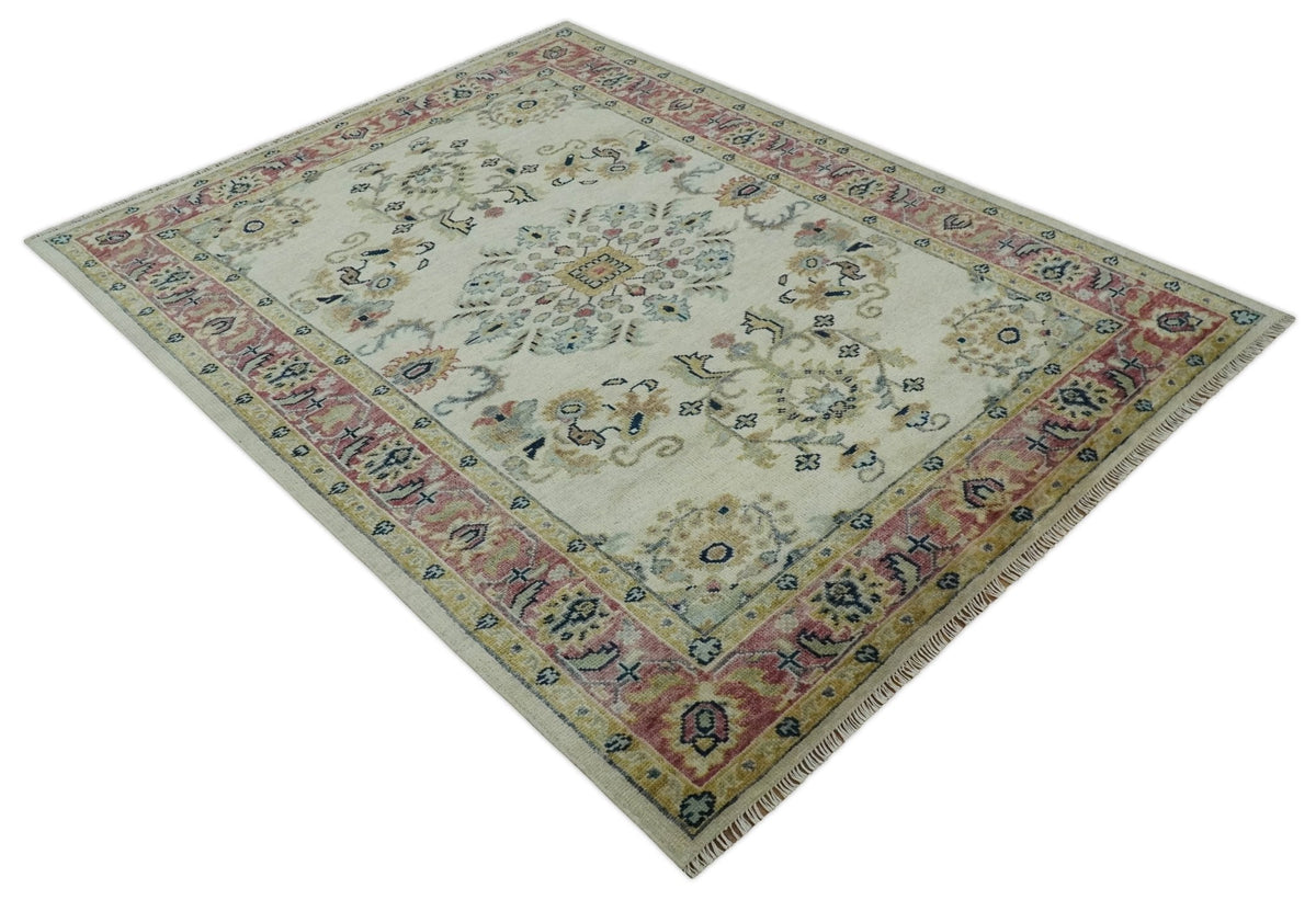 Ivory, Brown, Olive and Charcoal Traditional Heriz Medallion Custom Made Wool Area Rug.