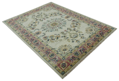 Ivory, Brown, Olive and Charcoal Traditional Heriz Medallion Custom Made Wool Area Rug.