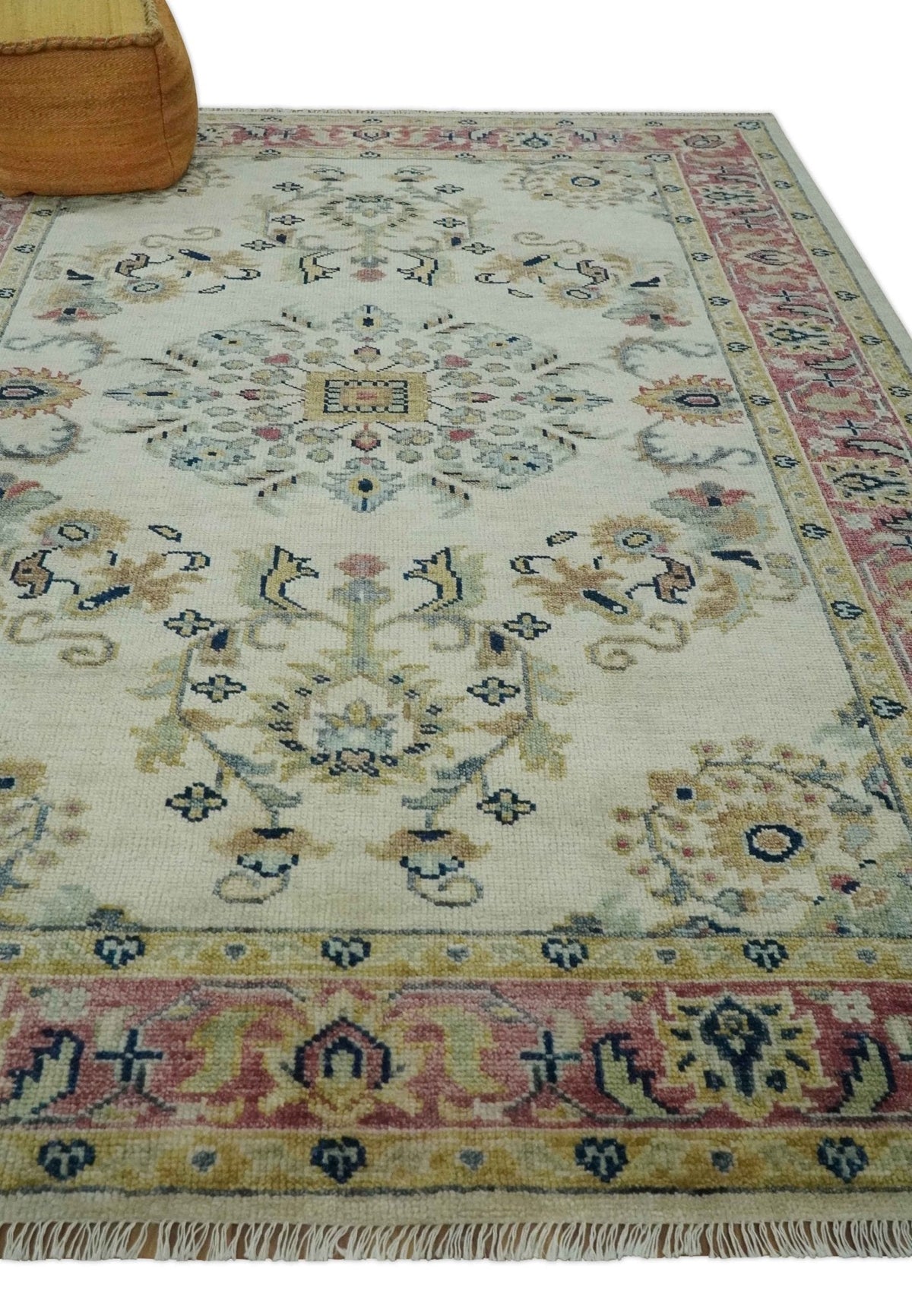 Ivory, Brown, Olive and Charcoal Traditional Heriz Medallion Custom Made Wool Area Rug.
