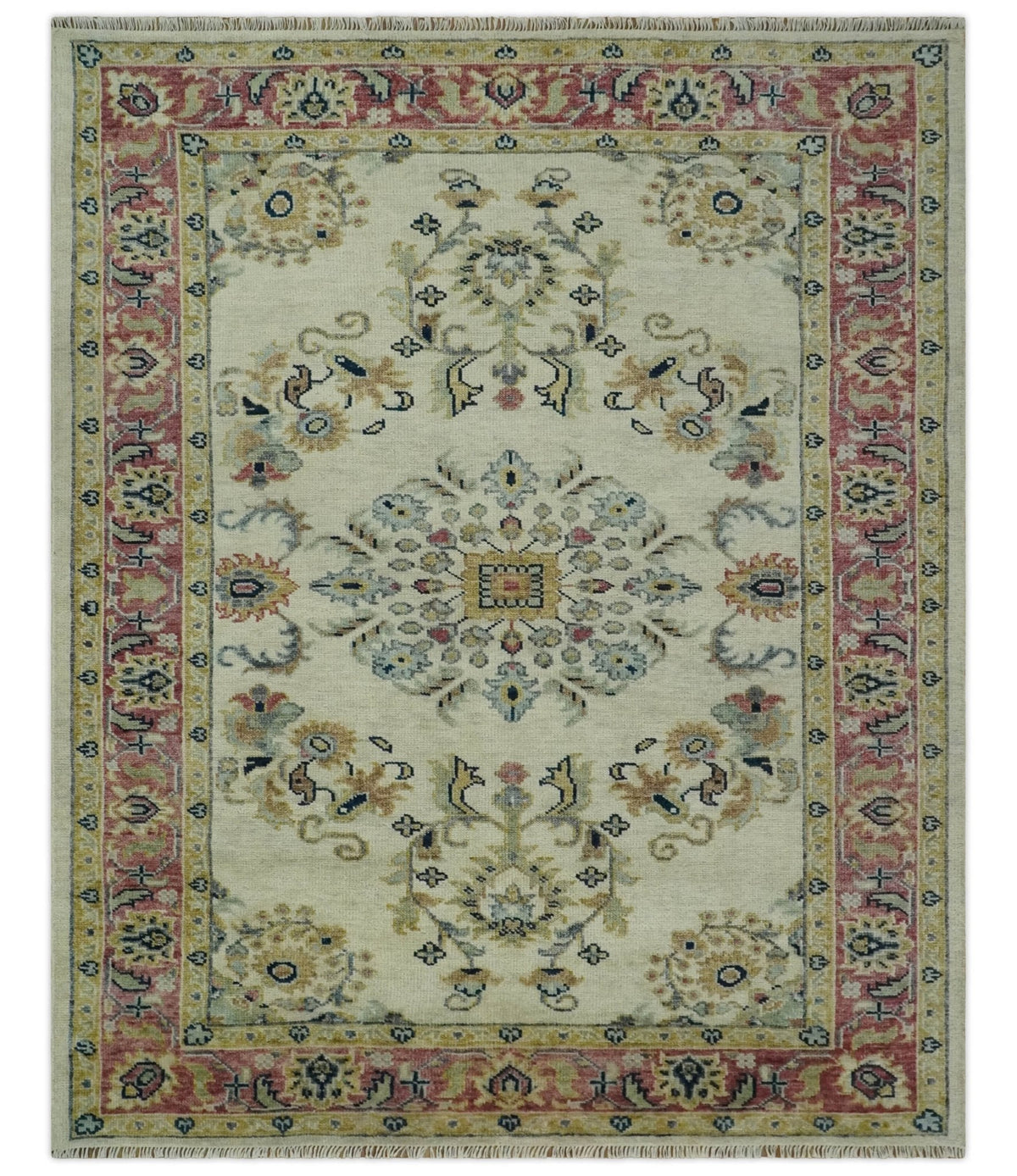 Ivory, Brown, Olive and Charcoal Traditional Heriz Medallion Custom Made Wool Area Rug.