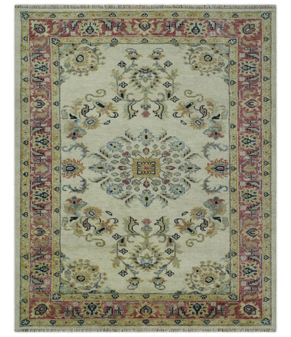 Ivory, Brown, Olive and Charcoal Traditional Heriz Medallion Custom Made Wool Area Rug.