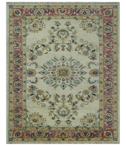 Ivory, Brown, Olive and Charcoal Traditional Heriz Medallion Custom Made Wool Area Rug.