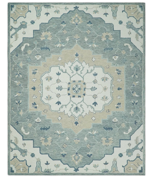 Ivory, Camel and Blue Hand Tufted Traditional Design Wool Area Rug.