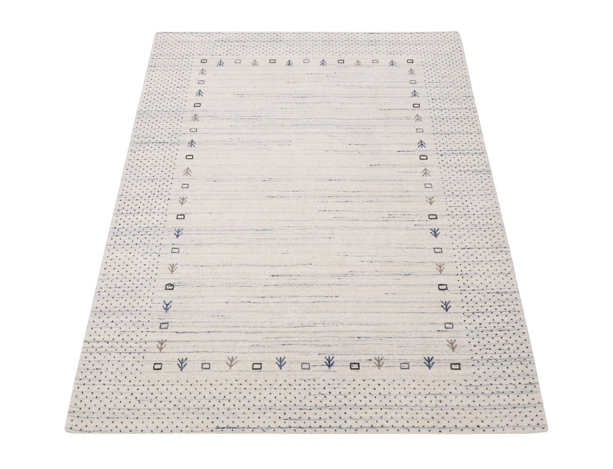 Ivory Contemporary Gabbeh Border Design Hand Loomed Wool Rug.