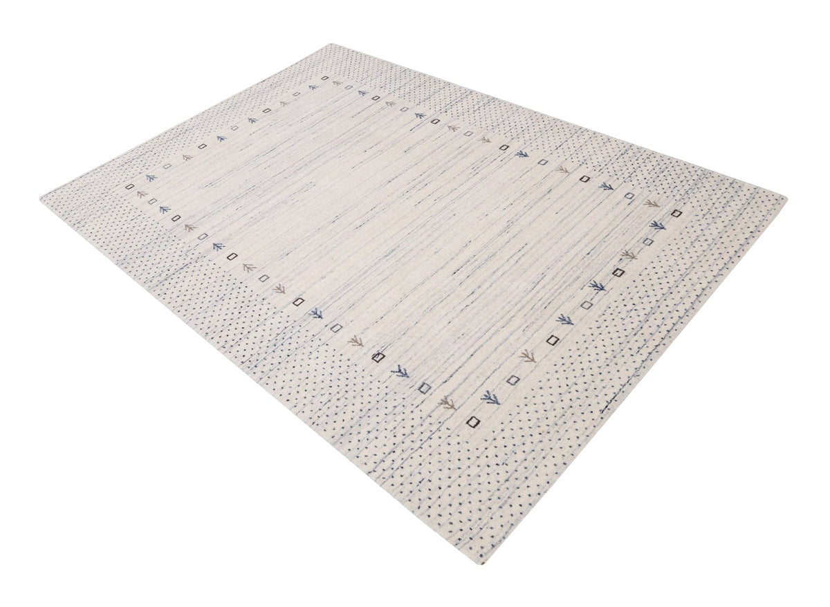 Ivory Contemporary Gabbeh Border Design Hand Loomed Wool Rug.