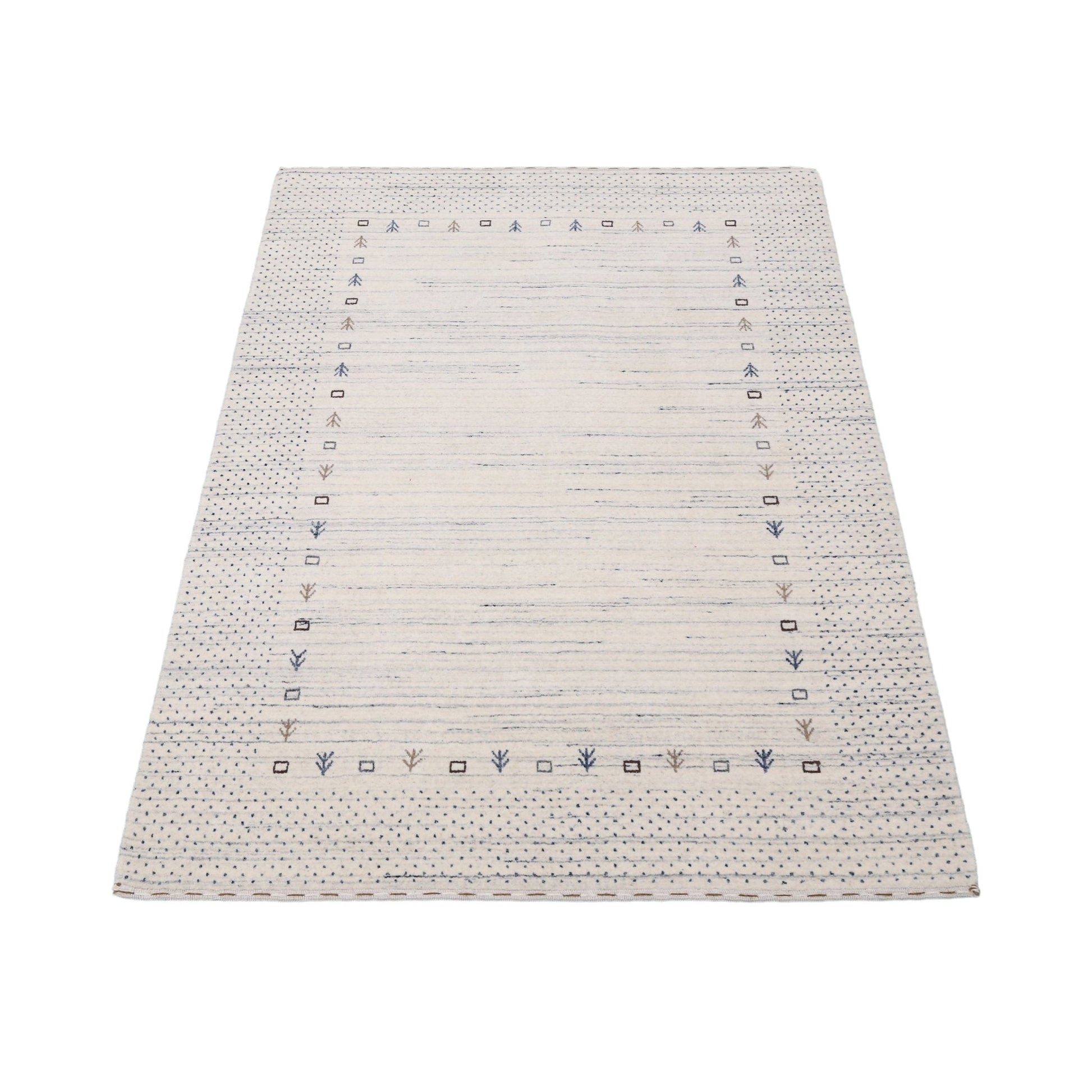 Ivory Contemporary Gabbeh Border Design Hand Loomed Wool Rug.