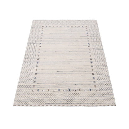 Ivory Contemporary Gabbeh Border Design Hand Loomed Wool Rug.