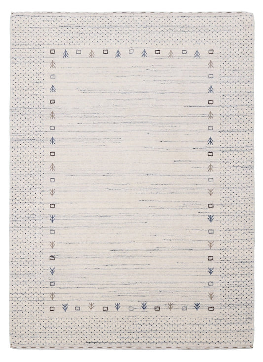 Ivory Contemporary Gabbeh Border Design Hand Loomed Wool Rug.
