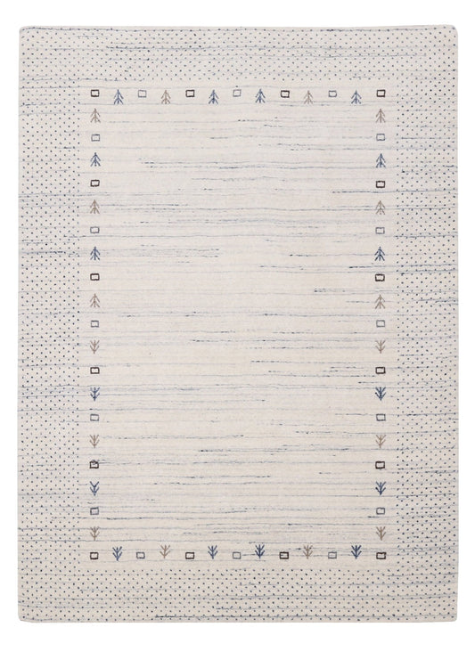 Ivory Contemporary Gabbeh Border Design Hand Loomed Wool Rug.