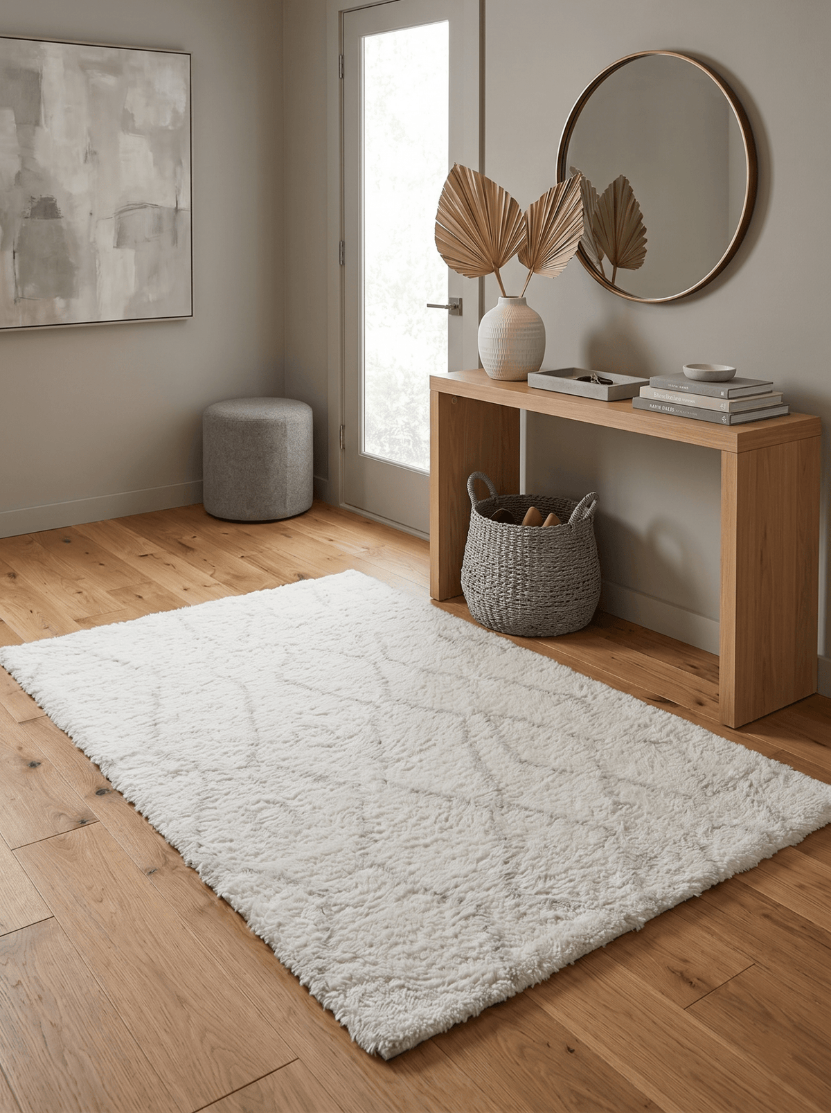 Ivory Modern Style Handmade Wool Area Rug.