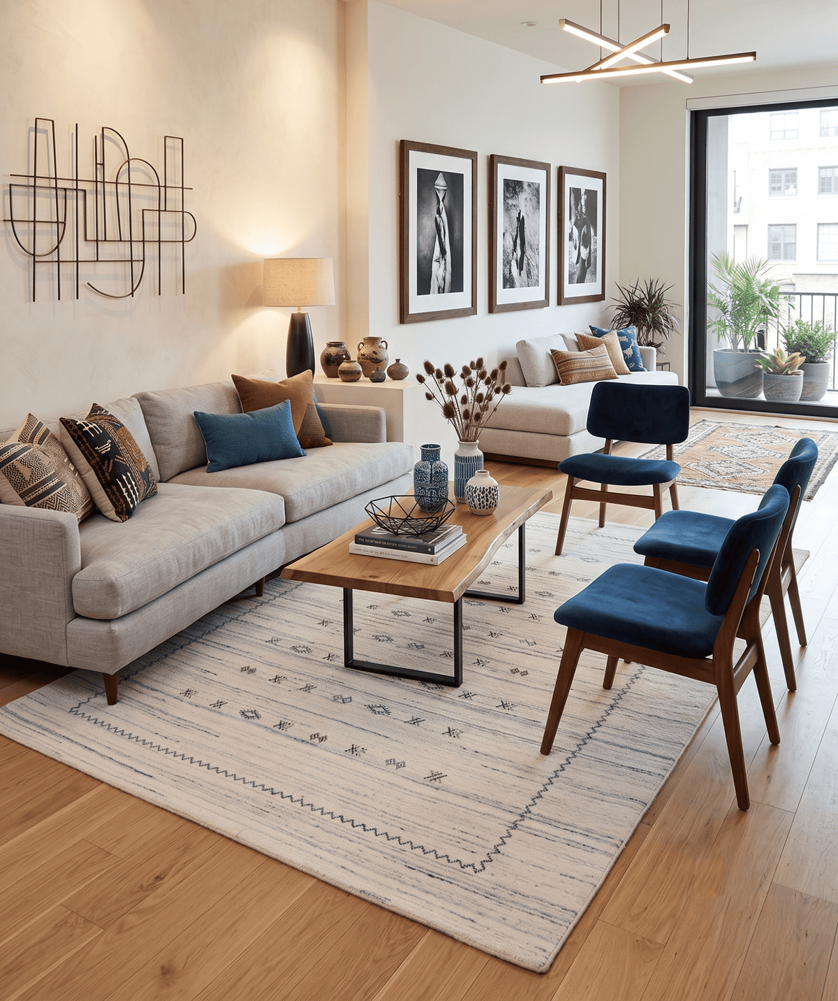 Ivory Modern Tribals Design Hand Loomed Wool Area Rug.
