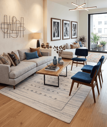 Ivory Modern Tribals Design Hand Loomed Wool Area Rug.