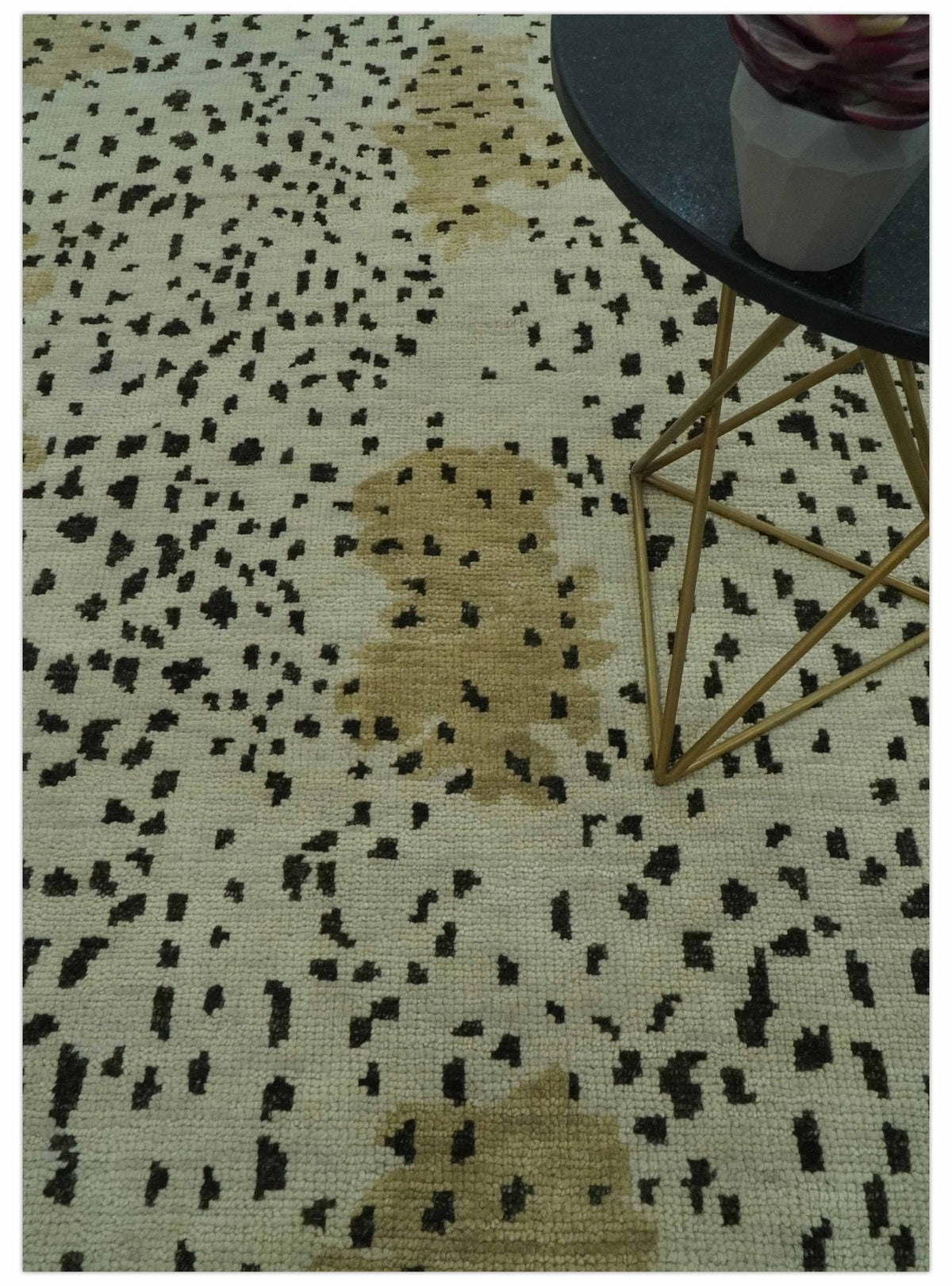 Ivory, Olive and Charcoal Leopard Design Hand Knotted Multi Size wool area rug.