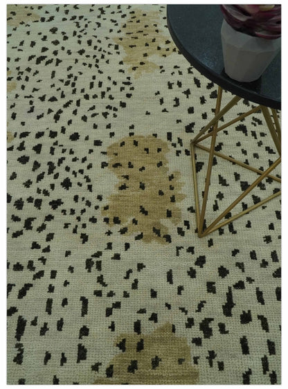 Ivory, Olive and Charcoal Leopard Design Hand Knotted Multi Size wool area rug.