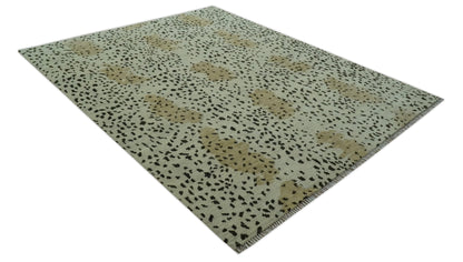Ivory, Olive and Charcoal Leopard Design Hand Knotted Multi Size wool area rug.
