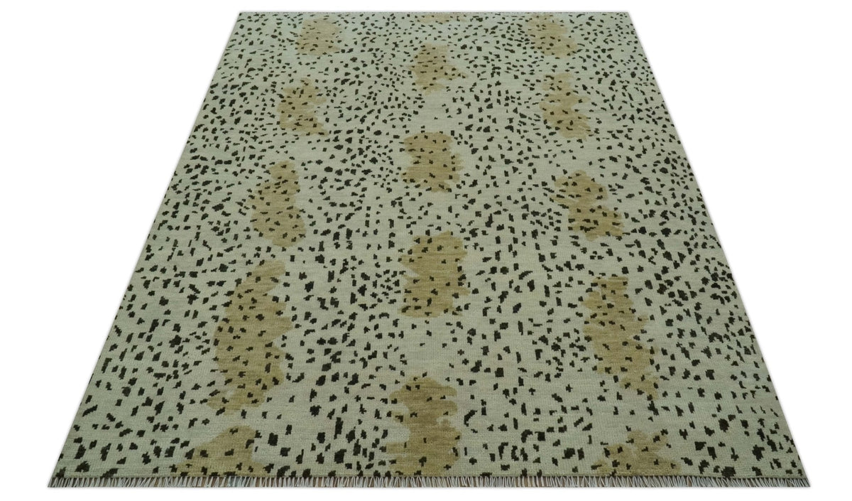 Ivory, Olive and Charcoal Leopard Design Hand Knotted Multi Size wool area rug.
