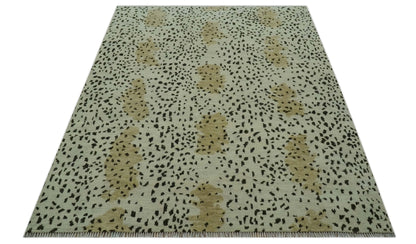 Ivory, Olive and Charcoal Leopard Design Hand Knotted Multi Size wool area rug.