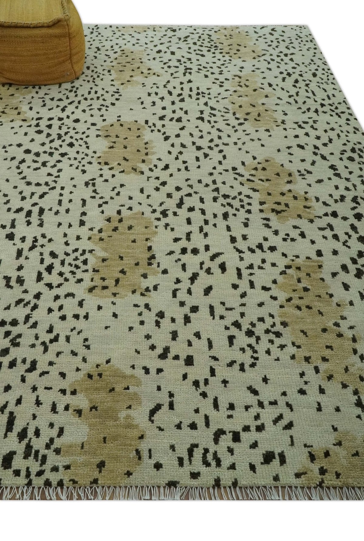 Ivory, Olive and Charcoal Leopard Design Hand Knotted Multi Size wool area rug.