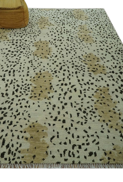 Ivory, Olive and Charcoal Leopard Design Hand Knotted Multi Size wool area rug.