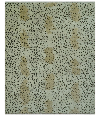 Ivory, Olive and Charcoal Leopard Design Hand Knotted Multi Size wool area rug.