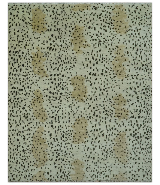 Ivory, Olive and Charcoal Leopard Design Hand Knotted Multi Size wool area rug.