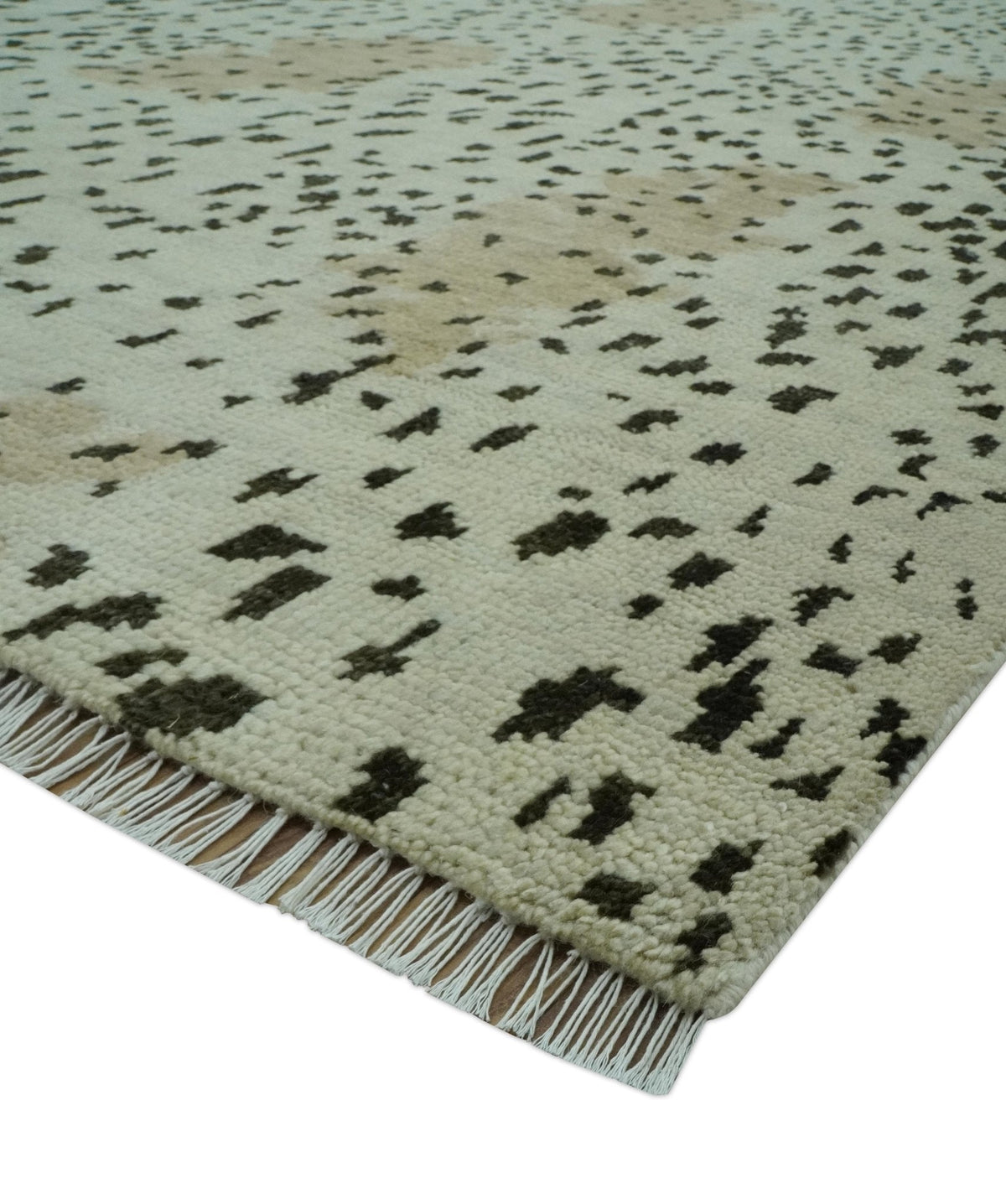 Ivory, Olive and Charcoal Leopard Design Hand Knotted Multi Size wool area rug.