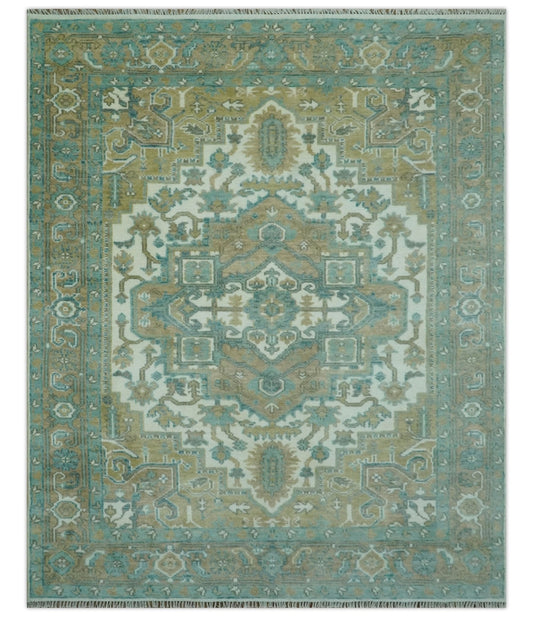 Ivory, Olive and Teal Hand Knotted Traditional Heriz Custom Made wool area rug.