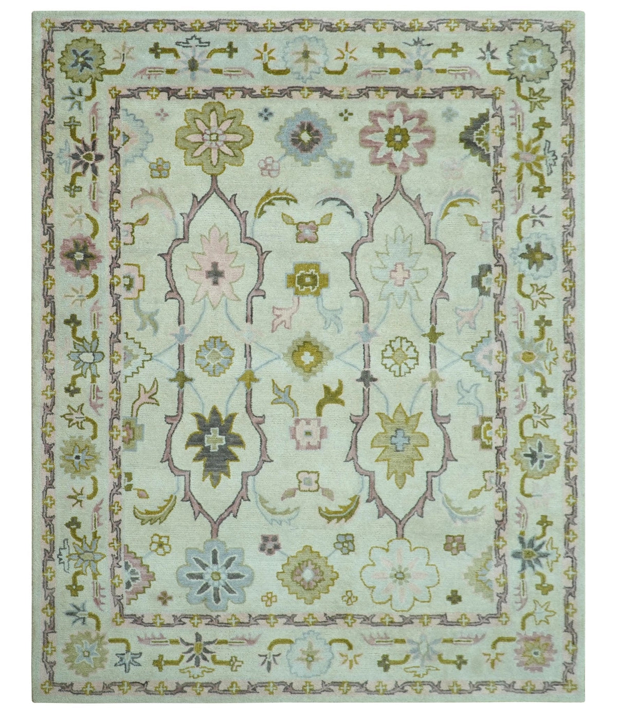 Ivory, Purple and Olive Floral Oushak Hand Tufted Custom Made wool rug.