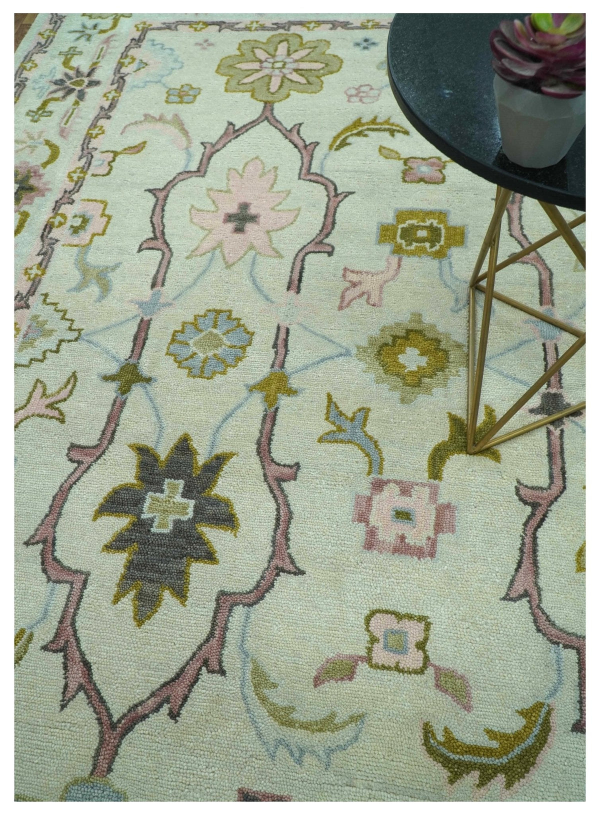 Ivory, Purple and Olive Floral Oushak Hand Tufted Custom Made wool rug.