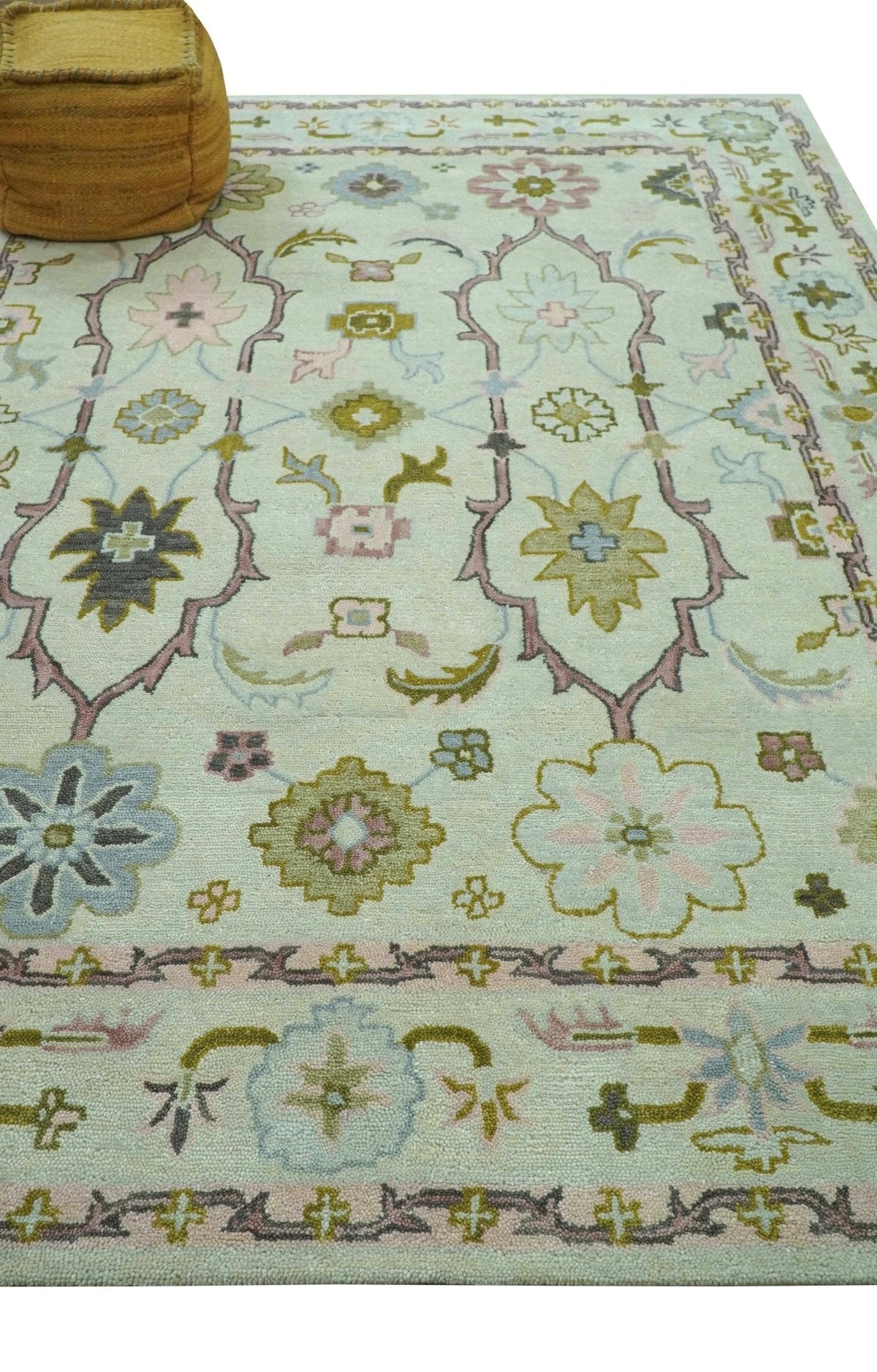 Ivory, Purple and Olive Floral Oushak Hand Tufted Custom Made wool rug.