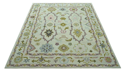 Ivory, Purple and Olive Floral Oushak Hand Tufted Custom Made wool rug.