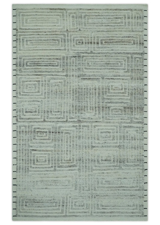 Ivory, Silver and Charcoal Modern Geometrical Puzzle Design hand knotted Custom Made wool Area Rug.