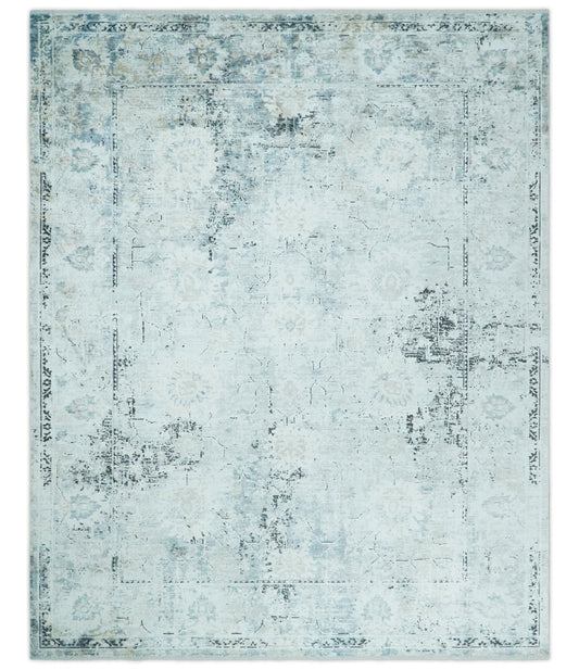 Ivory And Blue Vintage Design Modern Abstract Art Silk Area Rug.