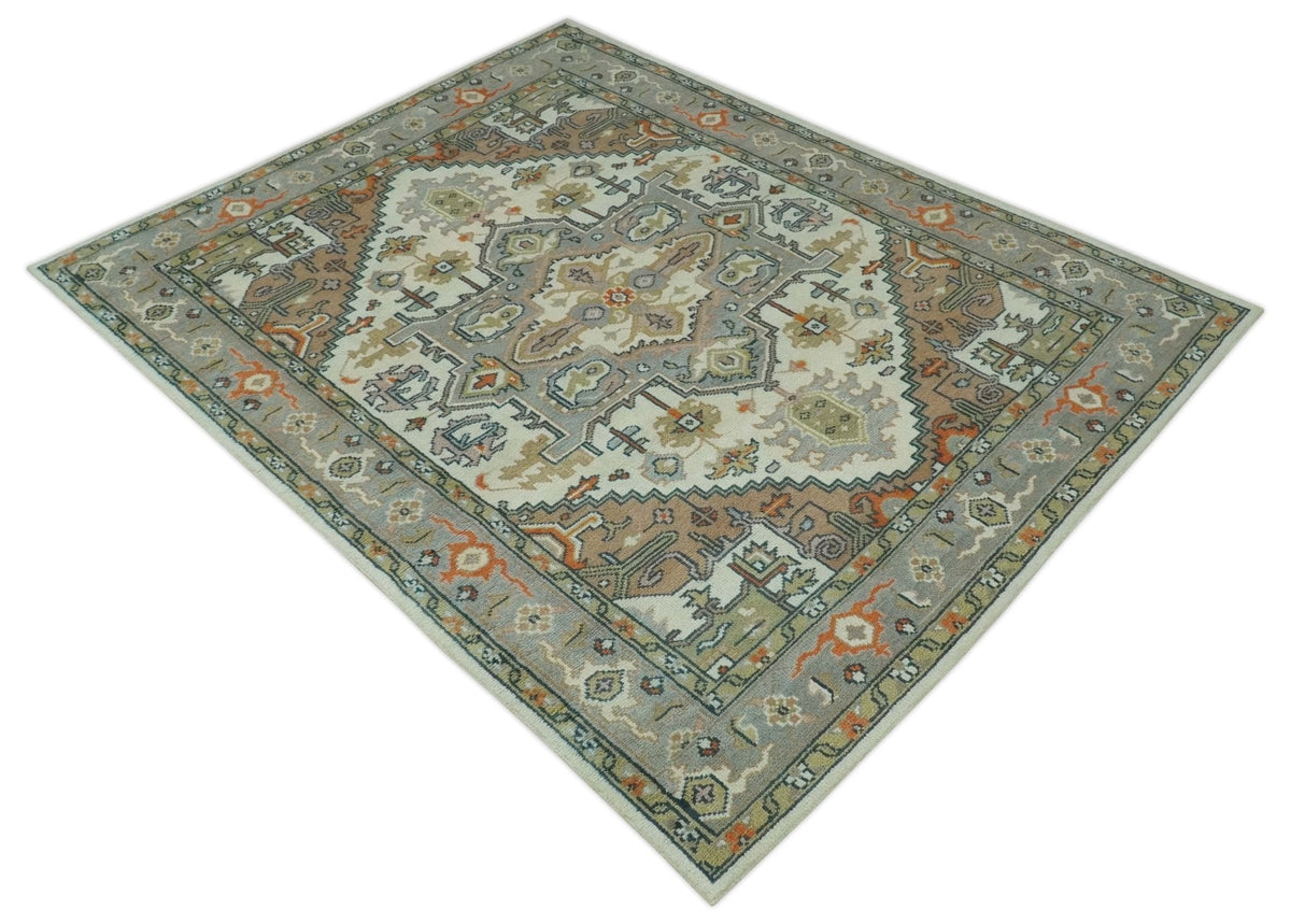 Ivory, Silver, Peach and Olive Traditional Heriz Hand Knotted Multi Size wool Area Rug.