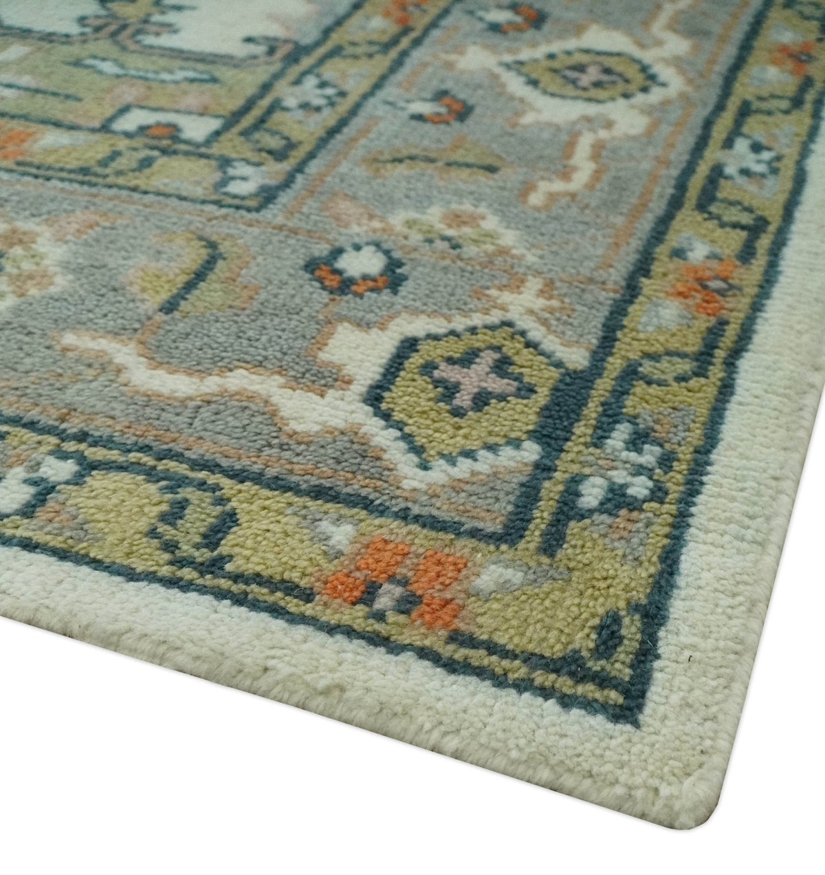 Ivory, Silver, Peach and Olive Traditional Heriz Hand Knotted Multi Size wool Area Rug.