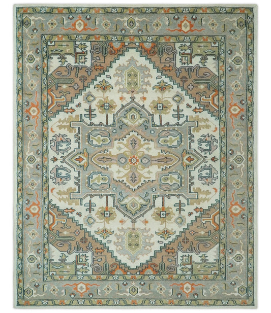 Ivory, Silver, Peach and Olive Traditional Heriz Hand Knotted Multi Size wool Area Rug.