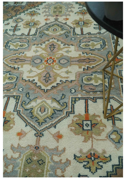 Ivory, Silver, Peach and Olive Traditional Heriz Hand Knotted Multi Size wool Area Rug.