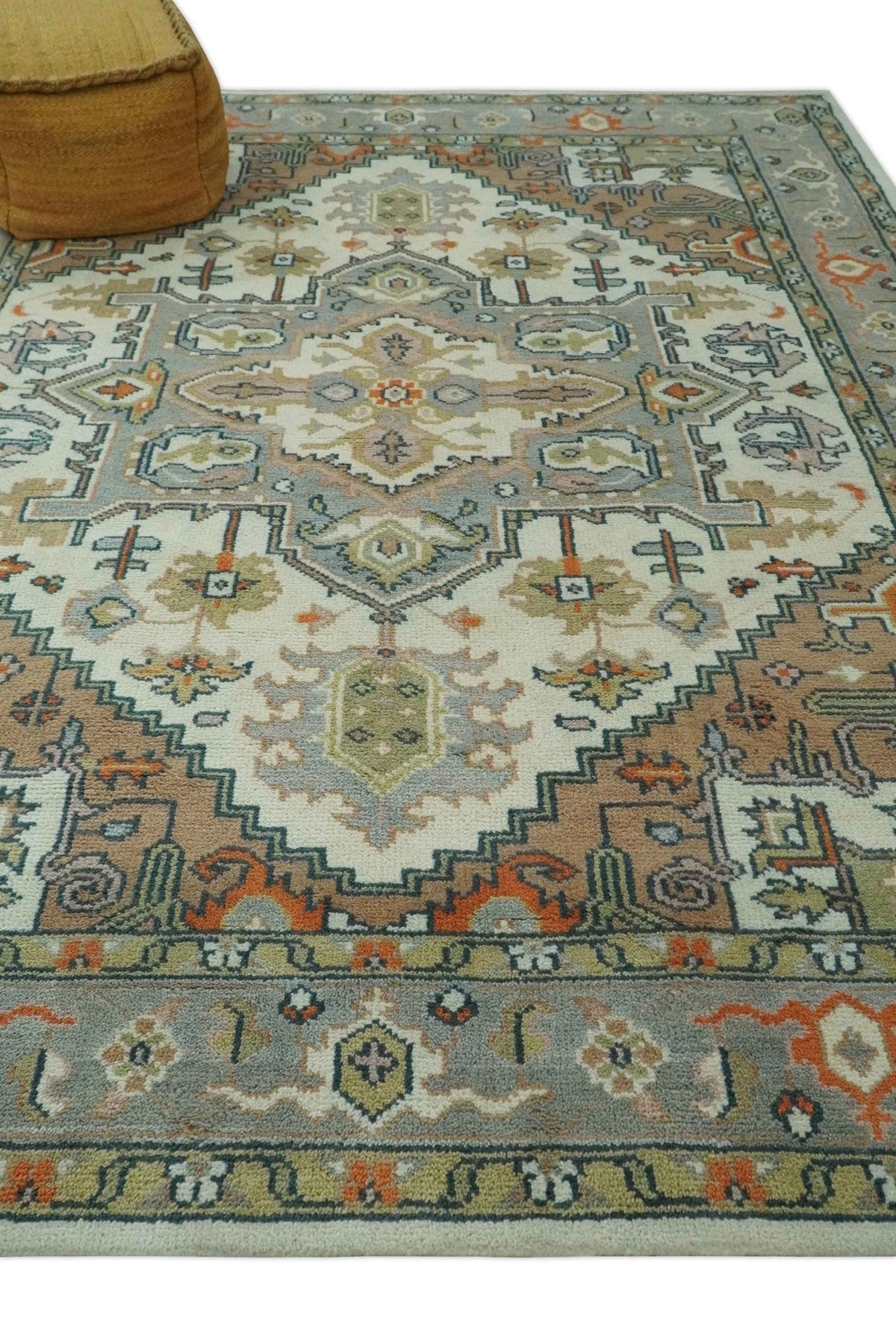 Ivory, Silver, Peach and Olive Traditional Heriz Hand Knotted Multi Size wool Area Rug.