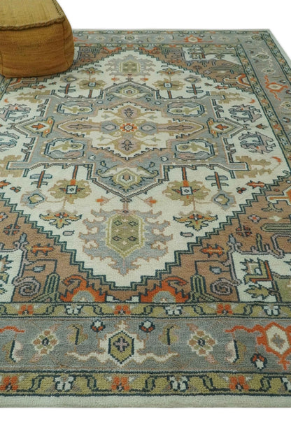 Ivory, Silver, Peach and Olive Traditional Heriz Hand Knotted Multi Size wool Area Rug.