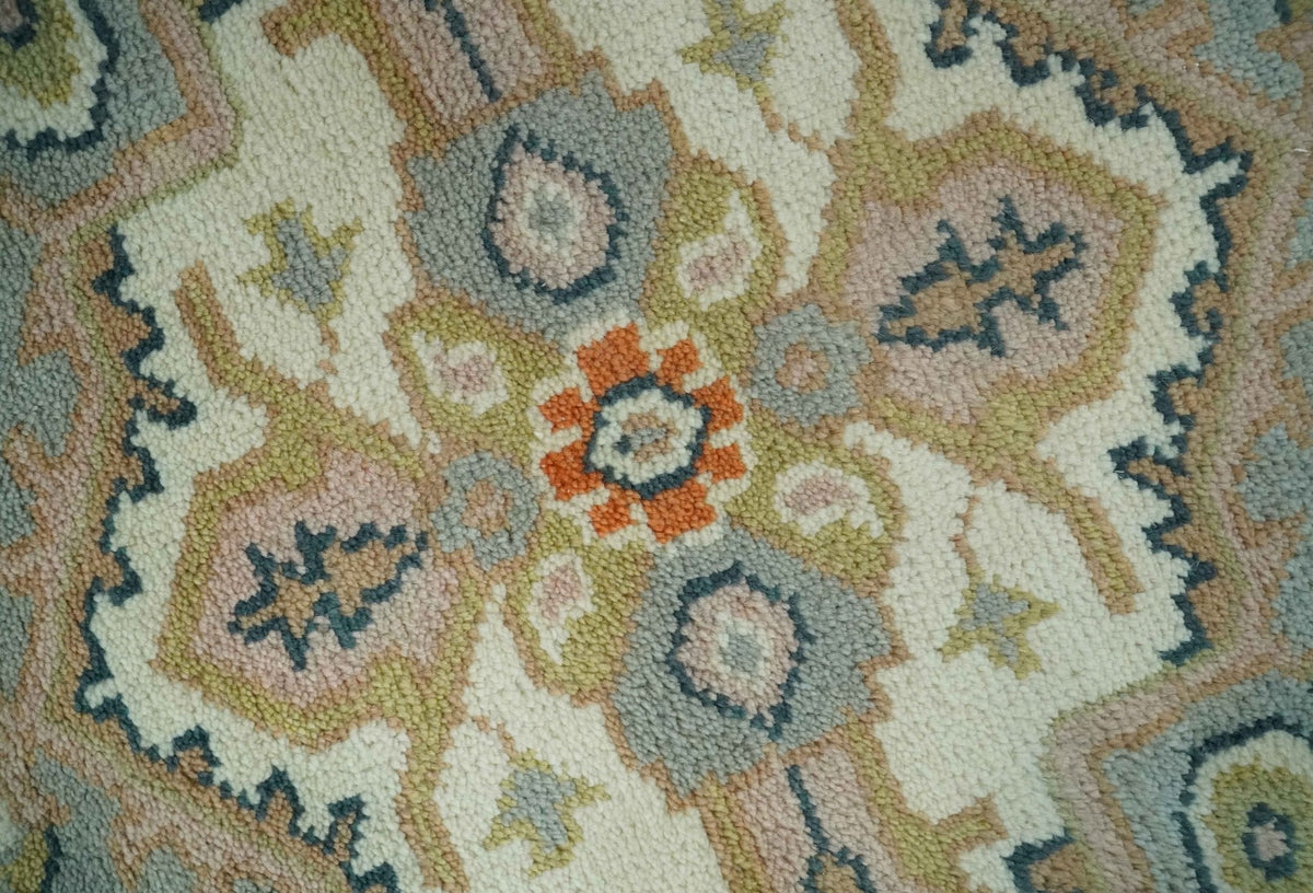 Ivory, Silver, Peach and Olive Traditional Heriz Hand Knotted Multi Size wool Area Rug.