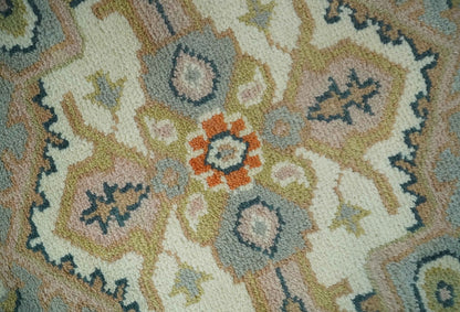 Ivory, Silver, Peach and Olive Traditional Heriz Hand Knotted Multi Size wool Area Rug.